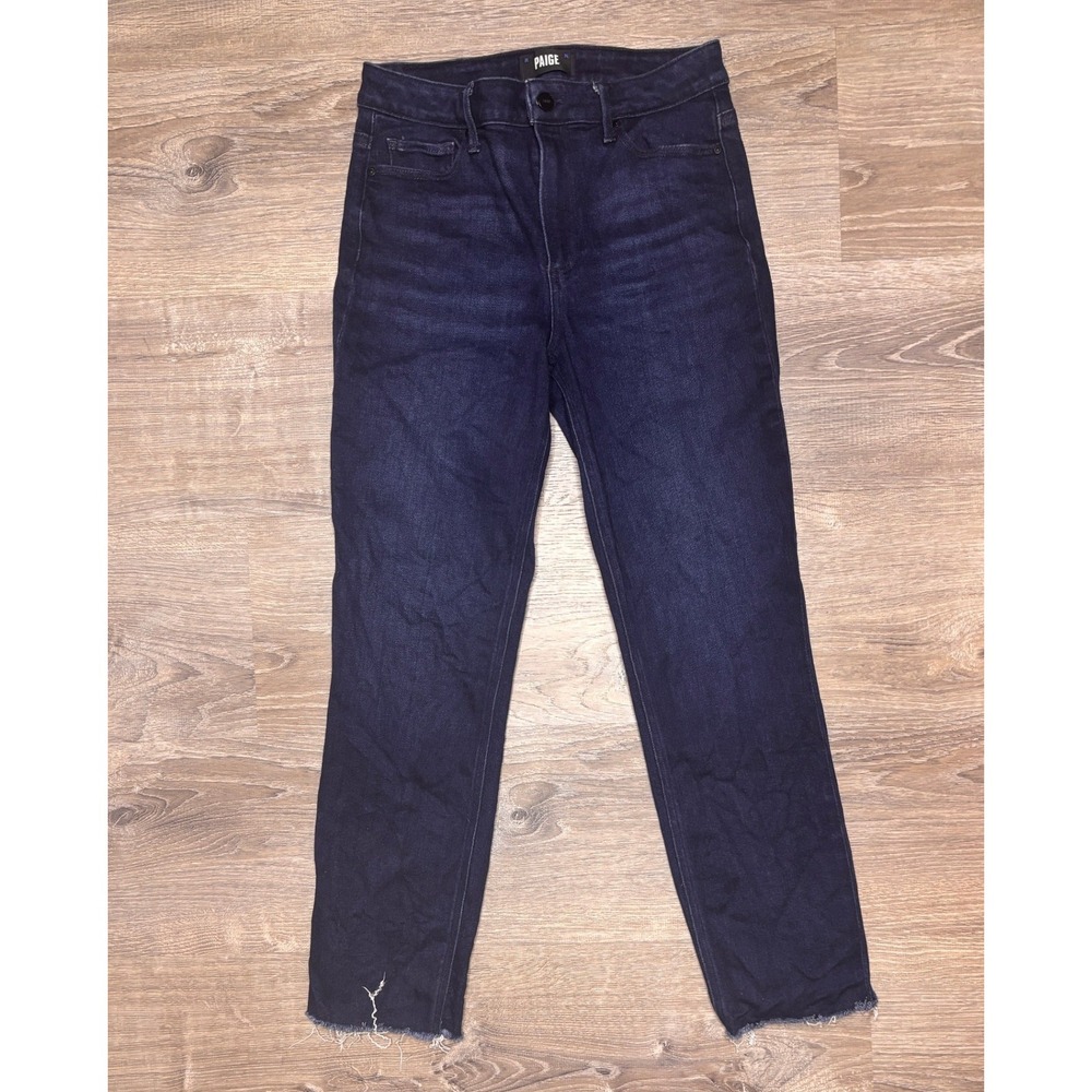 PAIGE Cindy‎ High Rise Straight Leg Jeans Dark Indigo Raw Hem Size 28